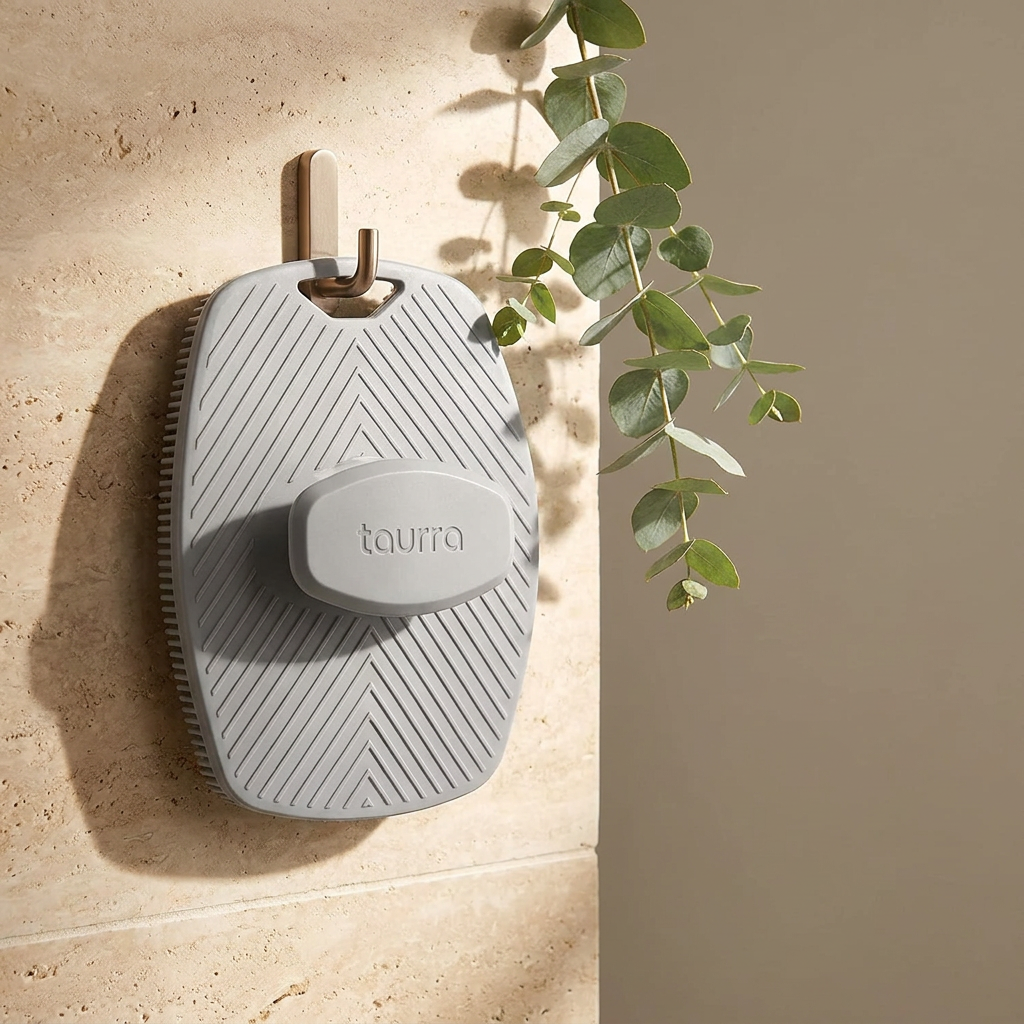 Silicone body scrubber — The Polish in a modern shower setting