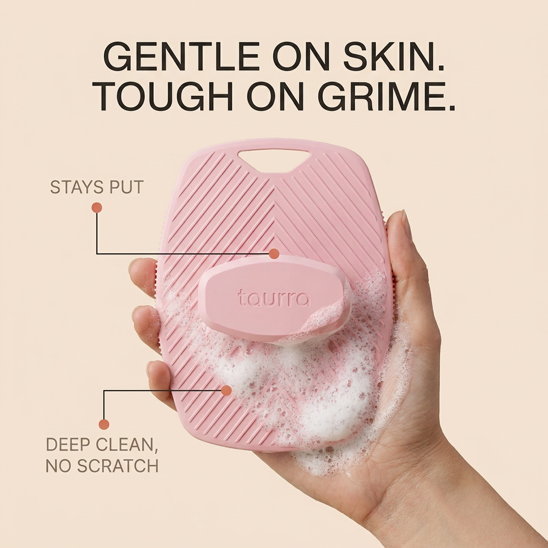 Gentle on skin, tough on grime — The Polish body scrubber with chevron ridges and soapy-hand grip
