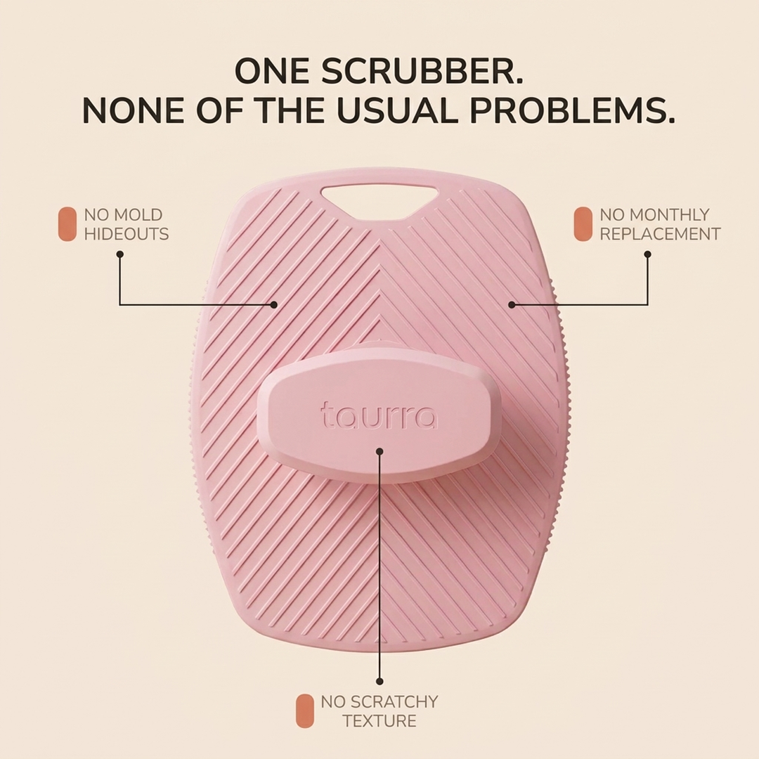 One scrubber, none of the usual problems — no mold hideouts, no monthly replacement, no scratchy texture